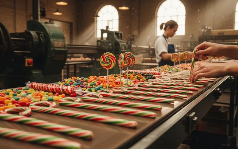 Candy factory production line, handmade candy canes, colorful sweets