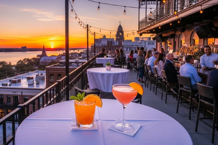 Rooftop bar overlooking Savannah skyline at sunset, cocktails on table