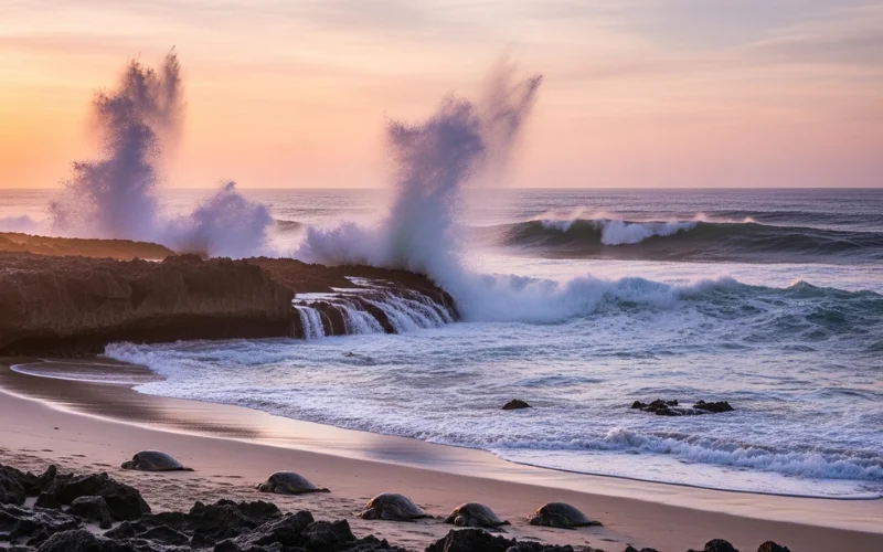 Rocky Atlantic coastline at Blowing Rocks Preserve during high tide, powerful waves shooting water.