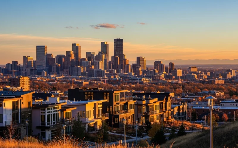 Highland Denver skyline overlook at sunset, modern homes on hill, downtown skyline view