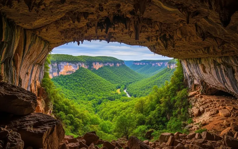 Cave opening framing lush green valley view, dramatic natural limestone window.