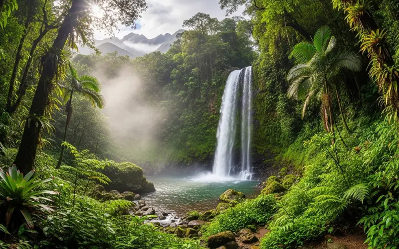 Lush El Yunque rainforest waterfall with tropical greenery and misty mountains, vibrant natural light.