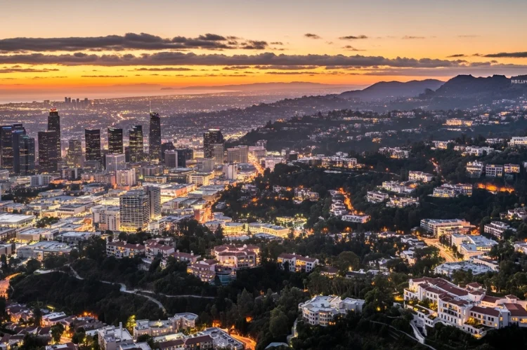 Wide aerial view of Los Angeles cityscape showing dense urban areas fading into luxury hillside neighborhoods.