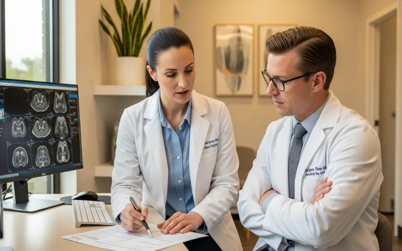 Regenerative specialist and conventional doctor reviewing patient chart together, collaborative healthcare setting.