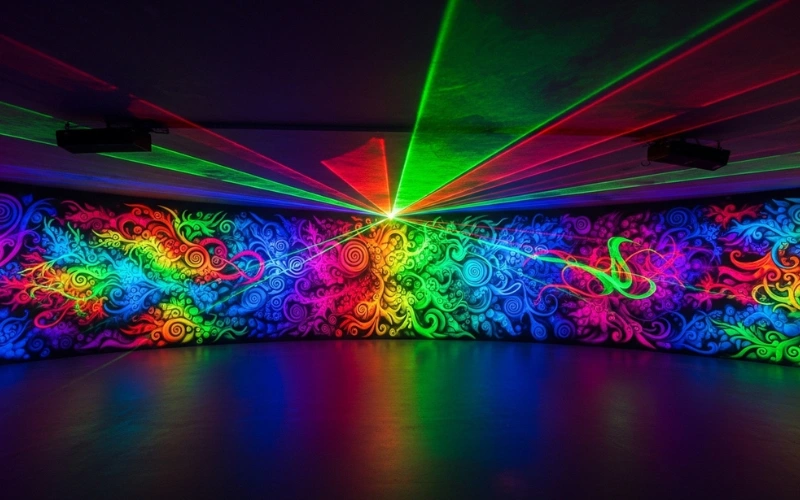 Psychedelic rainbow mural interior, 360-degree laser light show