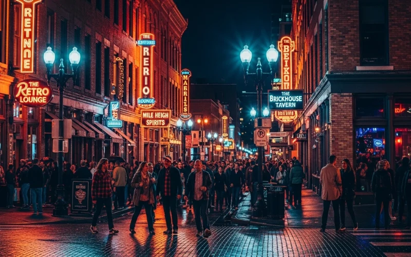 LoDo Denver at night, historic brick buildings, neon bar signs, lively nightlife crowd, glowing street lights, vibrant downtown energy