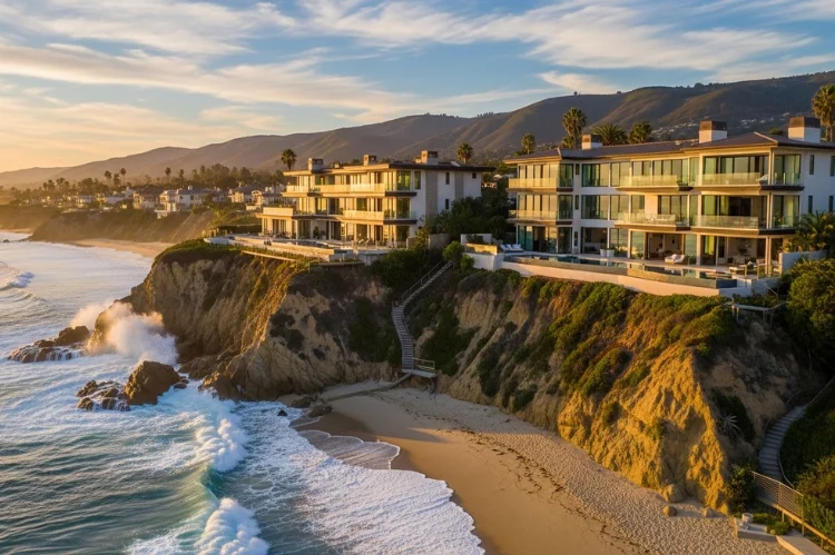 Oceanfront Malibu mansions perched above the Pacific Ocean, dramatic coastline cliffs, waves crashing below.
