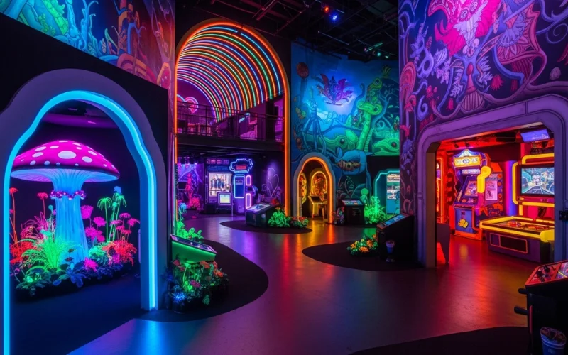 Interior of Meow Wolf Denver, colorful portals, tunnels, hidden rooms, surreal immersive art.