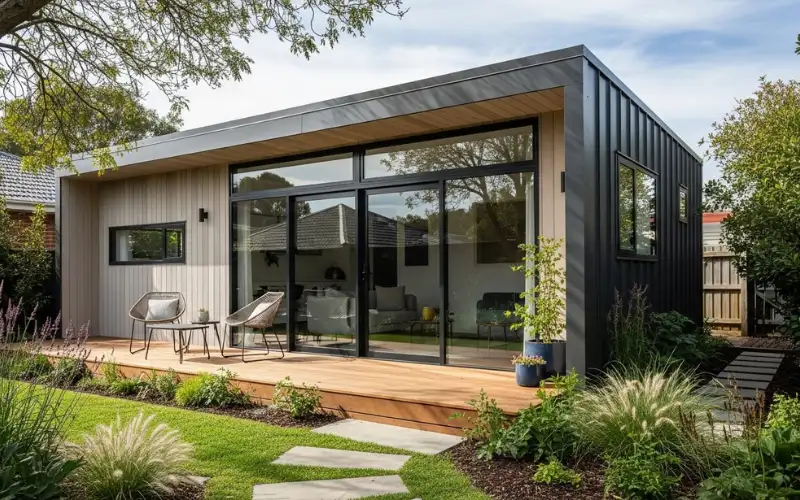 Prefabricated modular granny flat in backyard, contemporary design, clean exterior, landscaped garden.