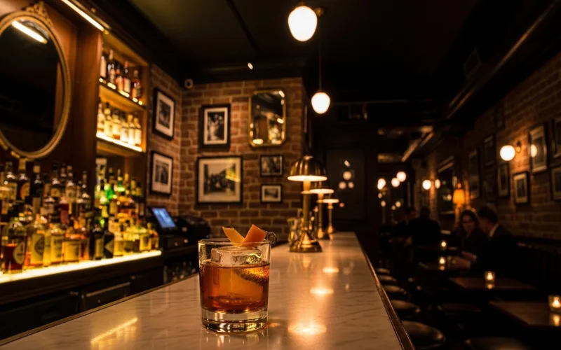 Hidden speakeasy bar interior, dim lighting, craft cocktail on marble bar, vintage decor