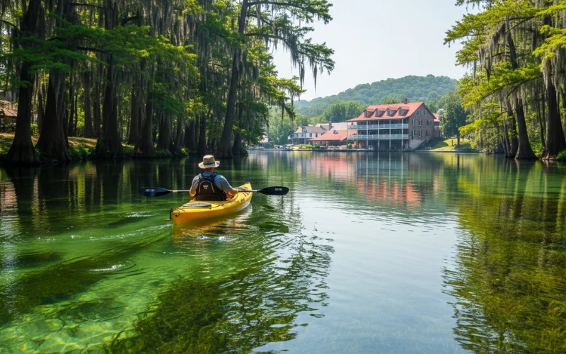 A serene kayaking scene on an emerald-green spring-fed river in Central Florida.