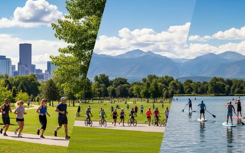 Sunny outdoor Denver, Cherry Creek Trail, City Park joggers, Sloan’s Lake paddleboarding.