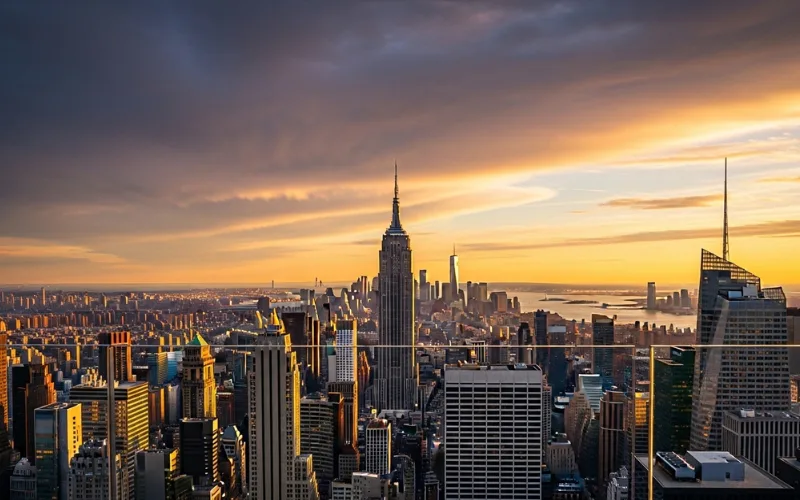 NYC skyline from observation deck at sunset, glass railing view, Empire State Building centered.