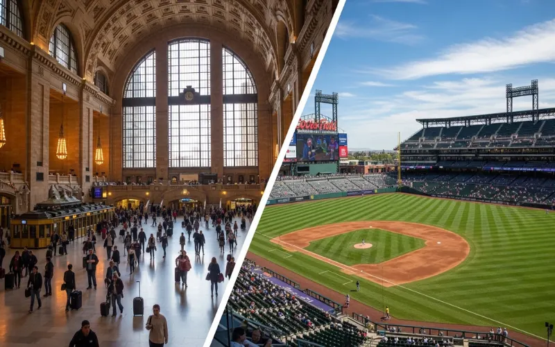 “Denver Union Station interior with travelers and natural light, modern transit hub, cut to Coors Field baseball stadium with purple row