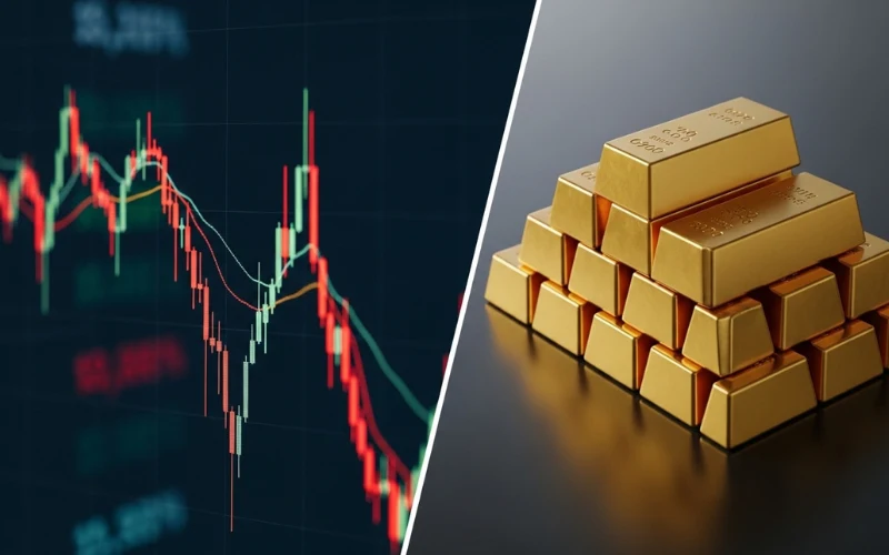 Split image showing falling stock market chart on one side and stable gold bars on other side.