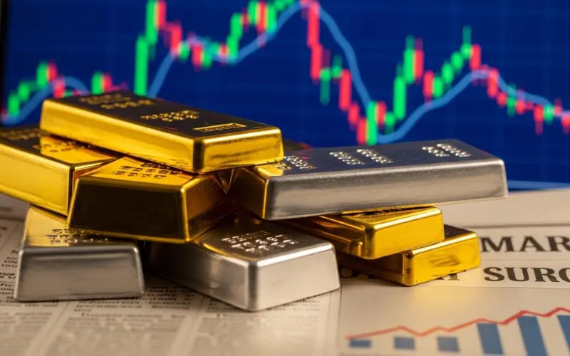 Gold and silver bars stacked on financial newspaper, stock market chart background.