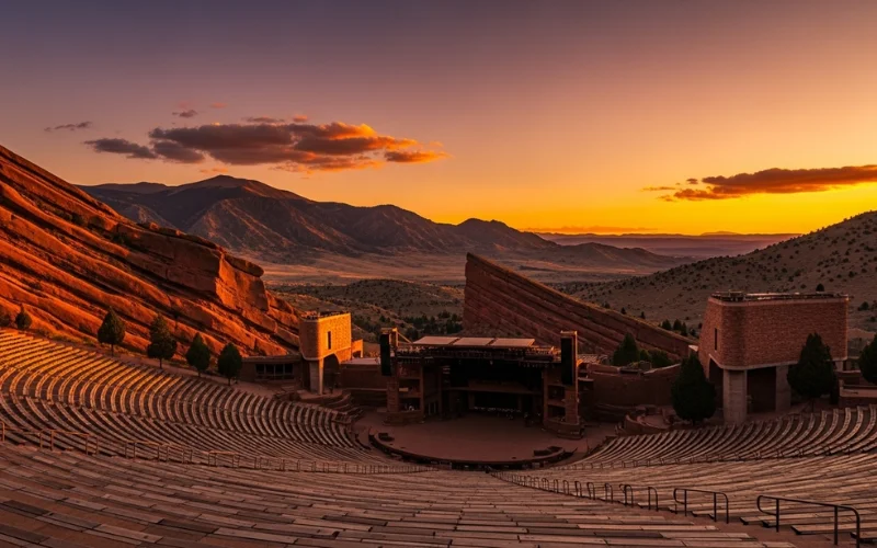 Sunset at Red Rocks Amphitheatre, red sandstone, empty steps, mountains behind.