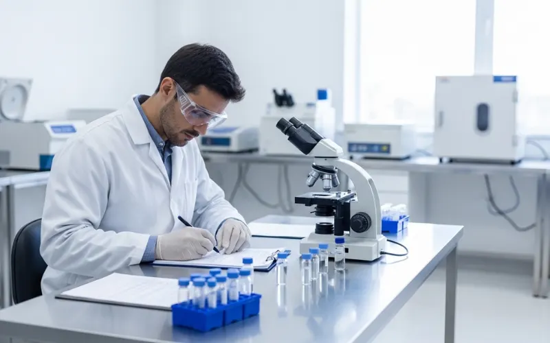 Medical regulatory review setting, laboratory quality control inspection, scientist documenting samples.