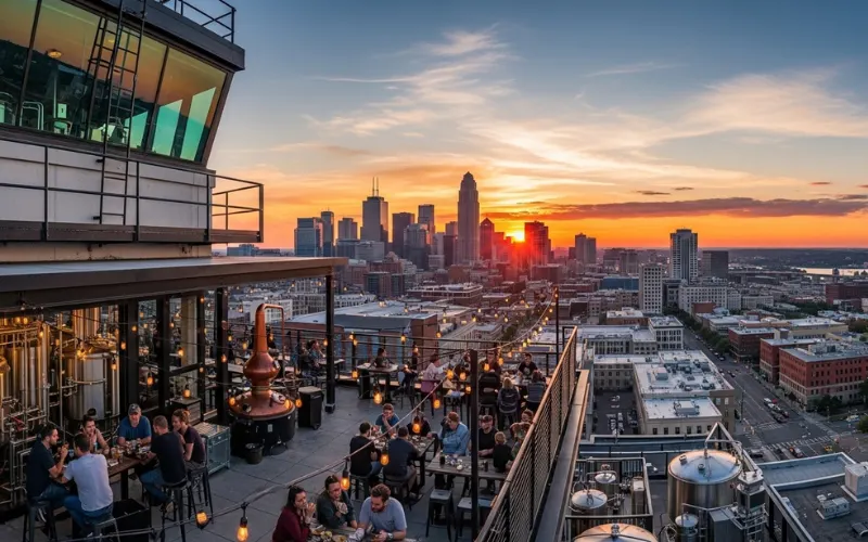 Rooftop view from former air traffic control tower, sunset skyline panorama