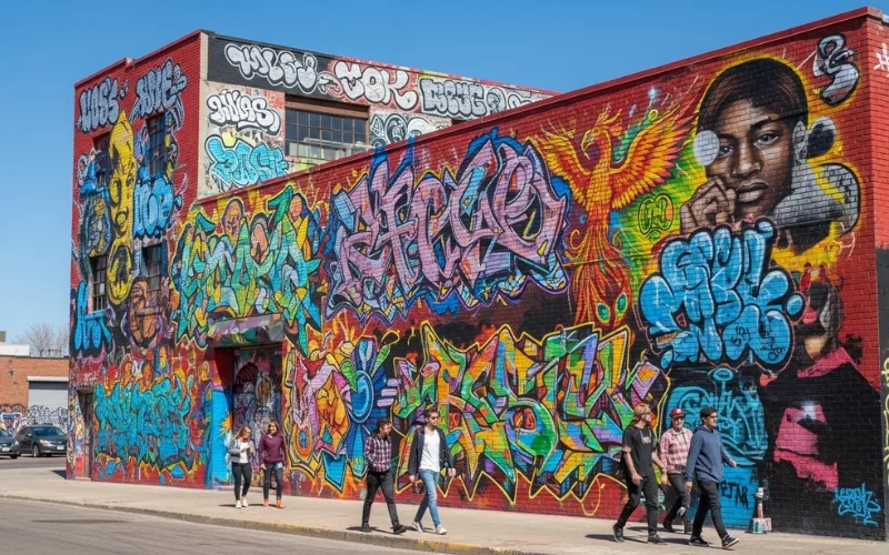 RiNo Denver street art mural, colorful large-scale graffiti on brick warehouse wall, trendy urban neighborhood, young creatives walking, bright daytime photography