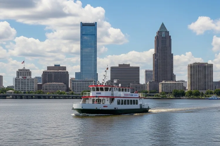 Free ferry crossing Savannah River with skyline in background