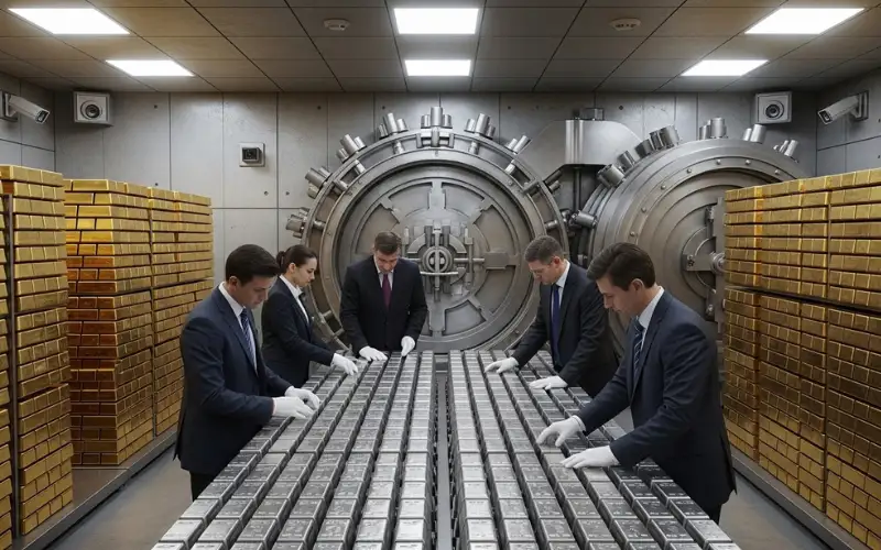 Central bank vault with gold bars stacked, investors examining silver bullion, secure financial vault environment.