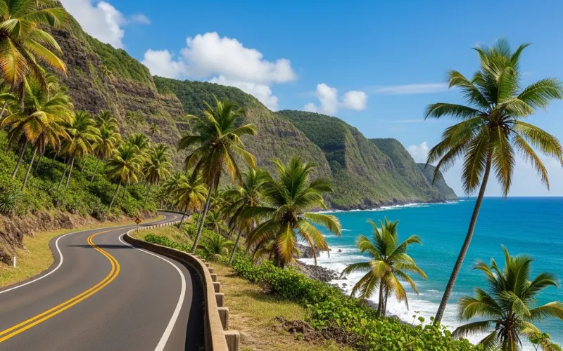Scenic coastal road in Puerto Rico with ocean cliffs and palm trees, sunny Caribbean drive.