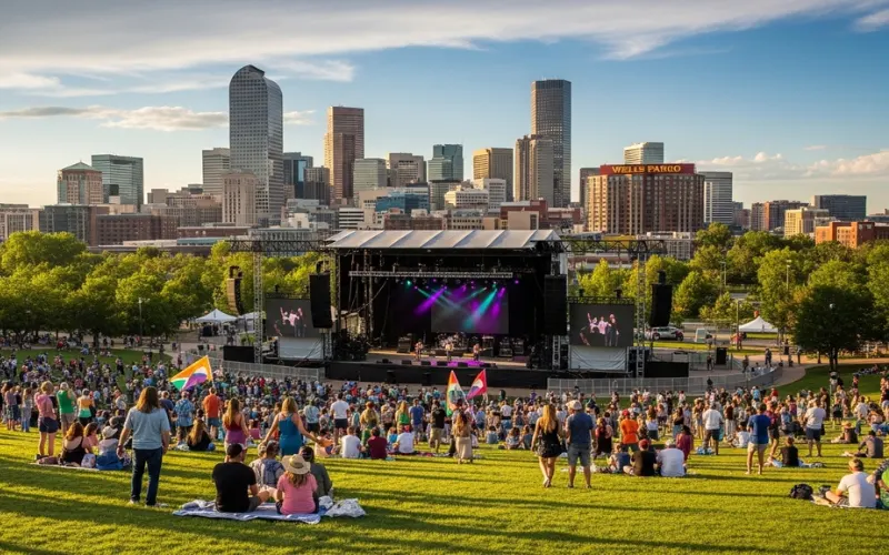 Ruby Hill Park Denver skyline view, grassy hill with city backdrop, outdoor concert stage setup