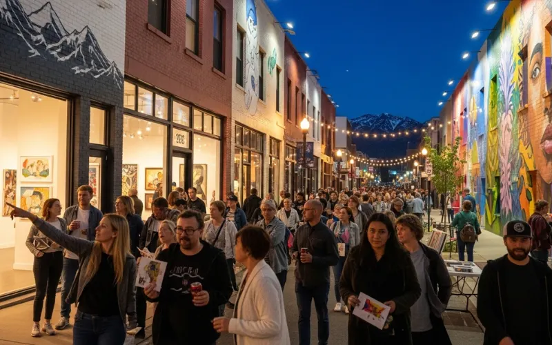 Denver First Friday Art Walk, colorful murals, art galleries open at night, lively street 