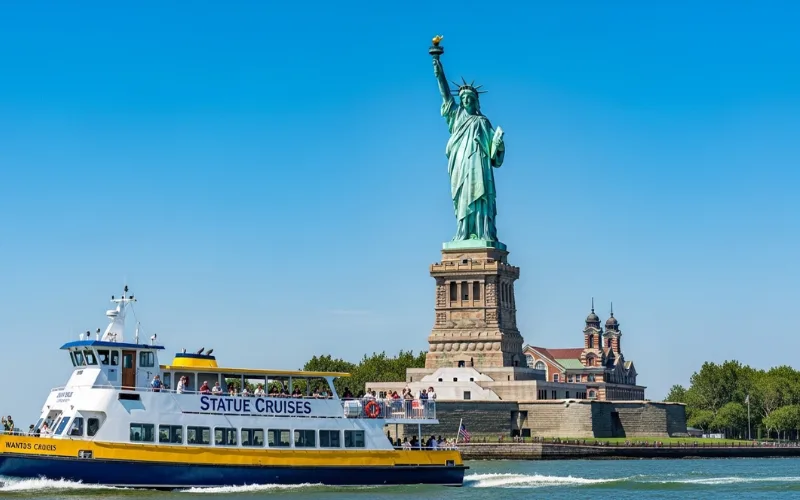 Statue of Liberty, bright blue sky, ferry in foreground, Ellis Island visible, crisp travel photography style.