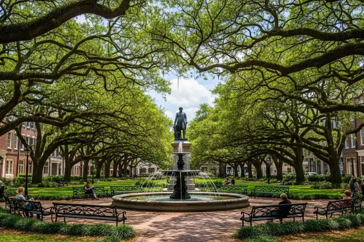 Chippewa Square with shaded oak trees and statue fountain