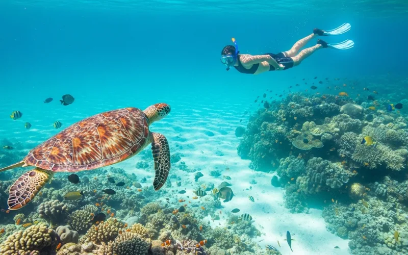 Snorkeler swimming above coral reef with sea turtle in clear Caribbean water.