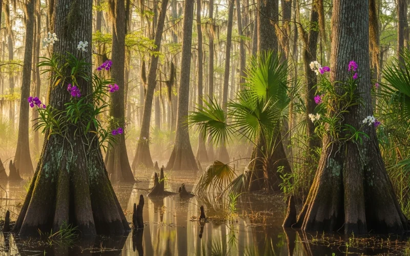 Dense subtropical swamp in Fakahatchee Strand at sunrise, towering bald cypress trees rising from shallow reflective water.