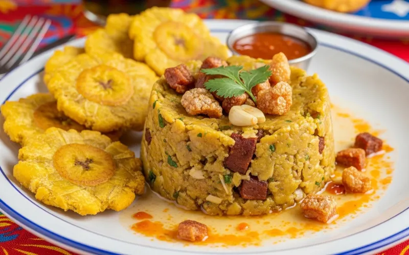 Traditional Puerto Rican mofongo plate with fried plantains and garlic, colorful Caribbean table setting.