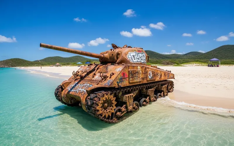 Flamenco Beach white sand and turquoise water with iconic WWII tank, clear sunny day.