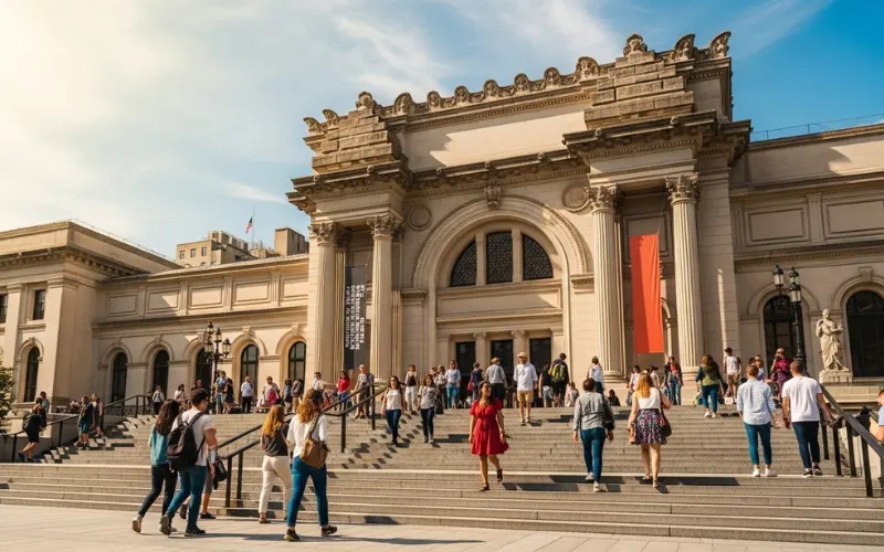 Metropolitan Museum of Art exterior steps, classic architecture, sunny day, tourists entering museum.