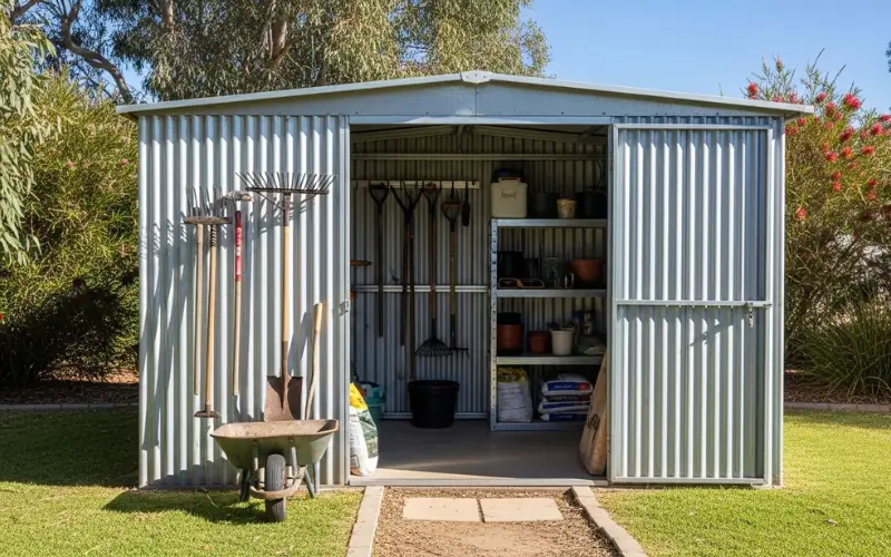 Galvanized steel garden shed in backyard, organized tools inside, lawn and plants around.