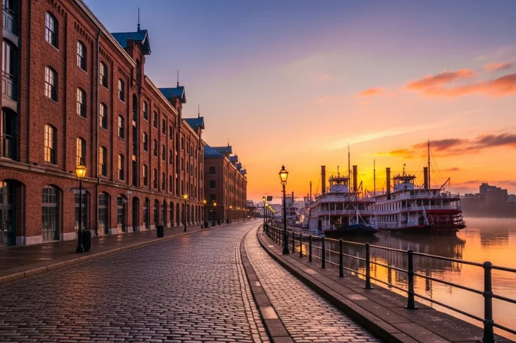 Cobblestone River Street with brick warehouses and riverboats