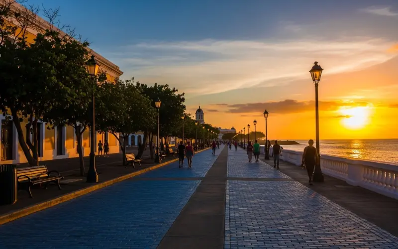 Paseo de la Princesa walkway at sunset with ocean view and warm golden light.