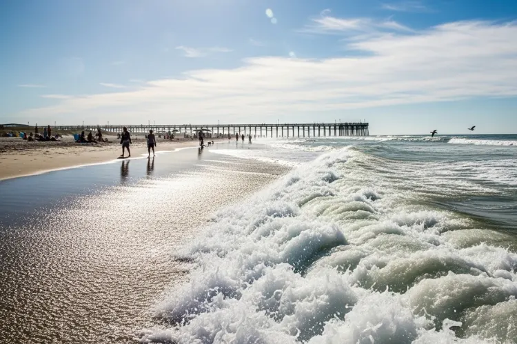 Beach scene at Tybee Island, ocean waves, pier in background