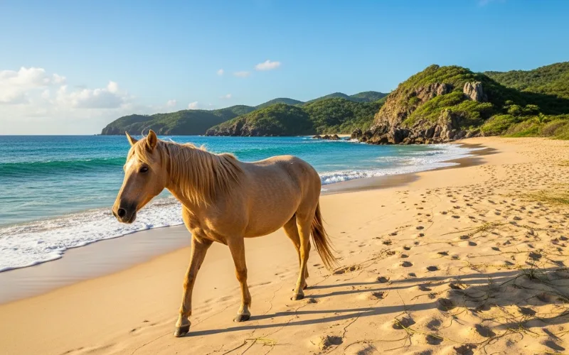 Wild horse walking along empty Vieques beach, turquoise water and natural coastline.