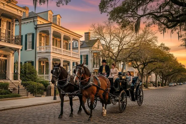 Horse-drawn carriage riding past historic Savannah 
