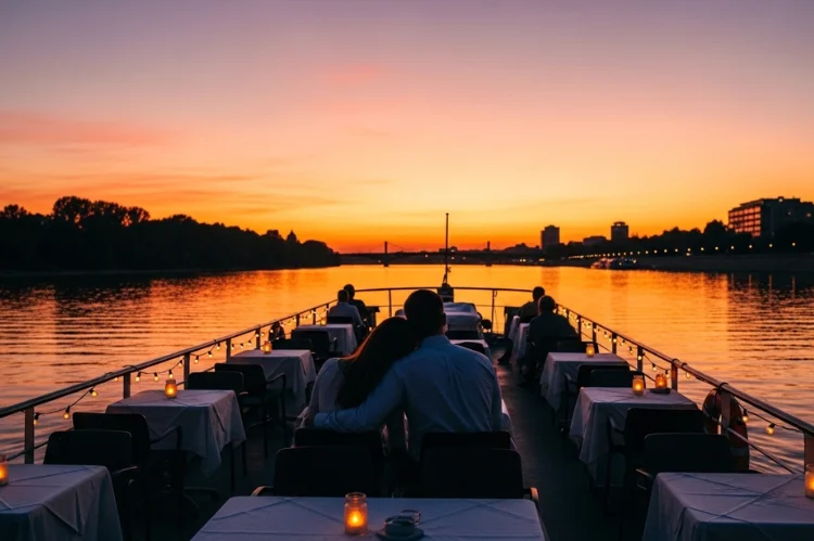 Romantic riverboat dinner cruise at golden hour, couple silhouette
