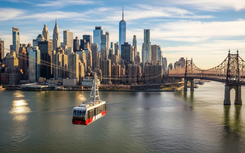Roosevelt Island Tram crossing East River, Midtown skyline backdrop, Queensboro Bridge view, aerial perspective.