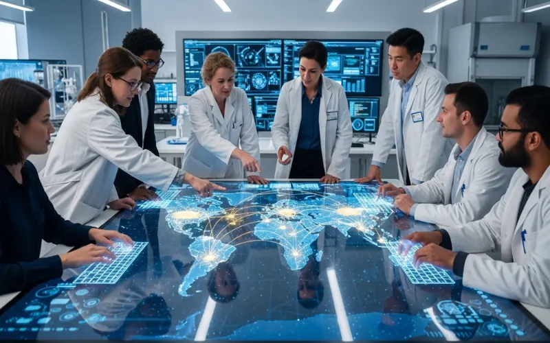 International medical researchers collaborating, digital world map with connected lines, modern laboratory setting.