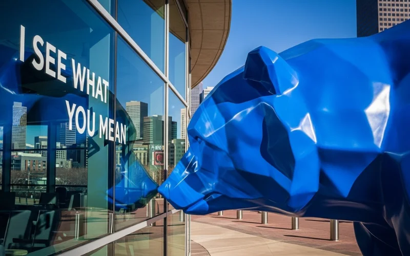 "Big Blue Bear statue outside Colorado Convention Center, bright day, city skyline.