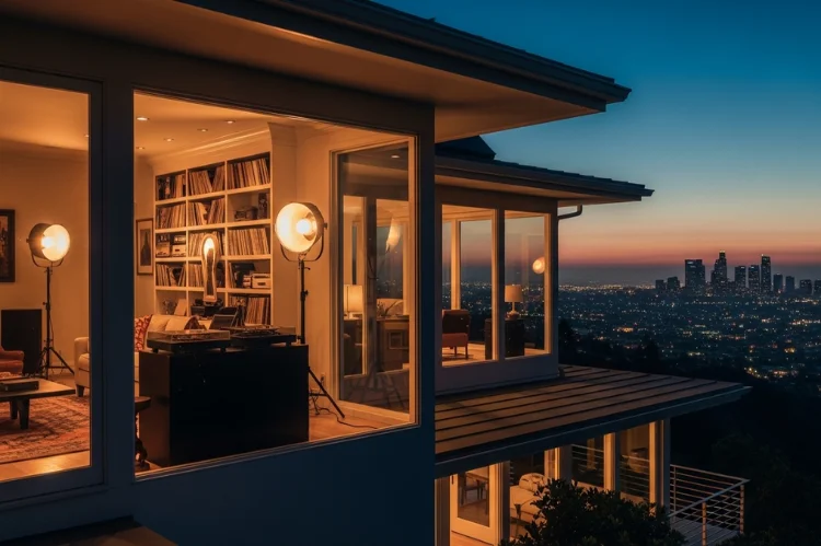 A stylish Hollywood Hills home at dusk with subtle musical elements.