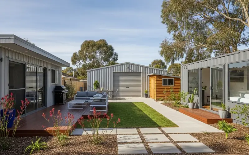 Modern Australian backyard with steel garage, garden shed, modular building and container office, bright daylight.