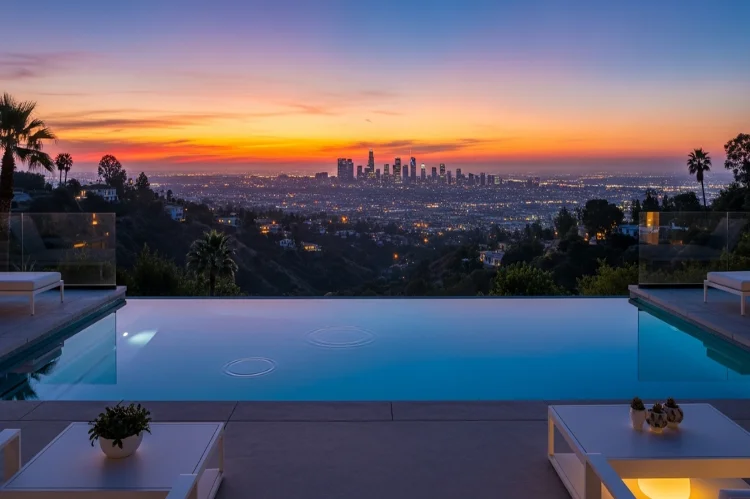 An expansive view from a Hollywood Hills terrace, infinity pool in foreground reflecting the sky.