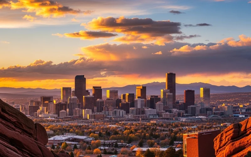 Create a vibrant travel blog hero image of Denver skyline at sunset with the Rocky Mountains in the background, Red Rocks–style sandstone formations in the foreground, and a glowing golden “Mile High City” vibe. Warm cinematic lighting, dramatic clouds